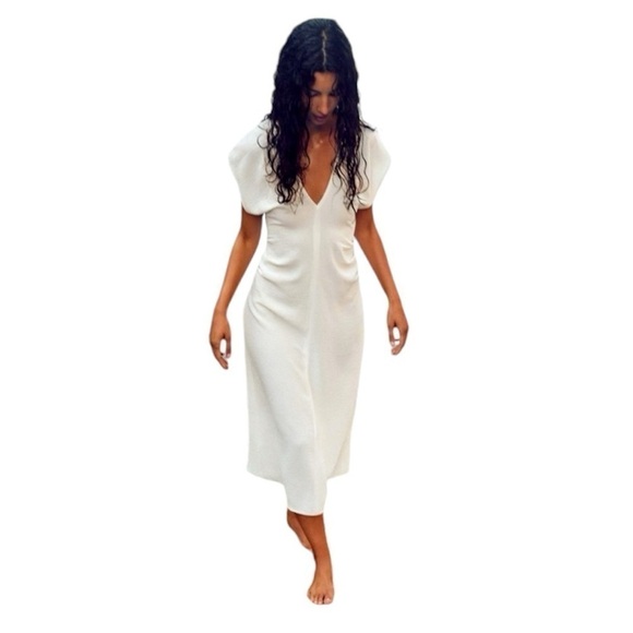 New ZARA Flowy Gathered Sleeveless V-neck Midi Dress - Picture 2 of 4